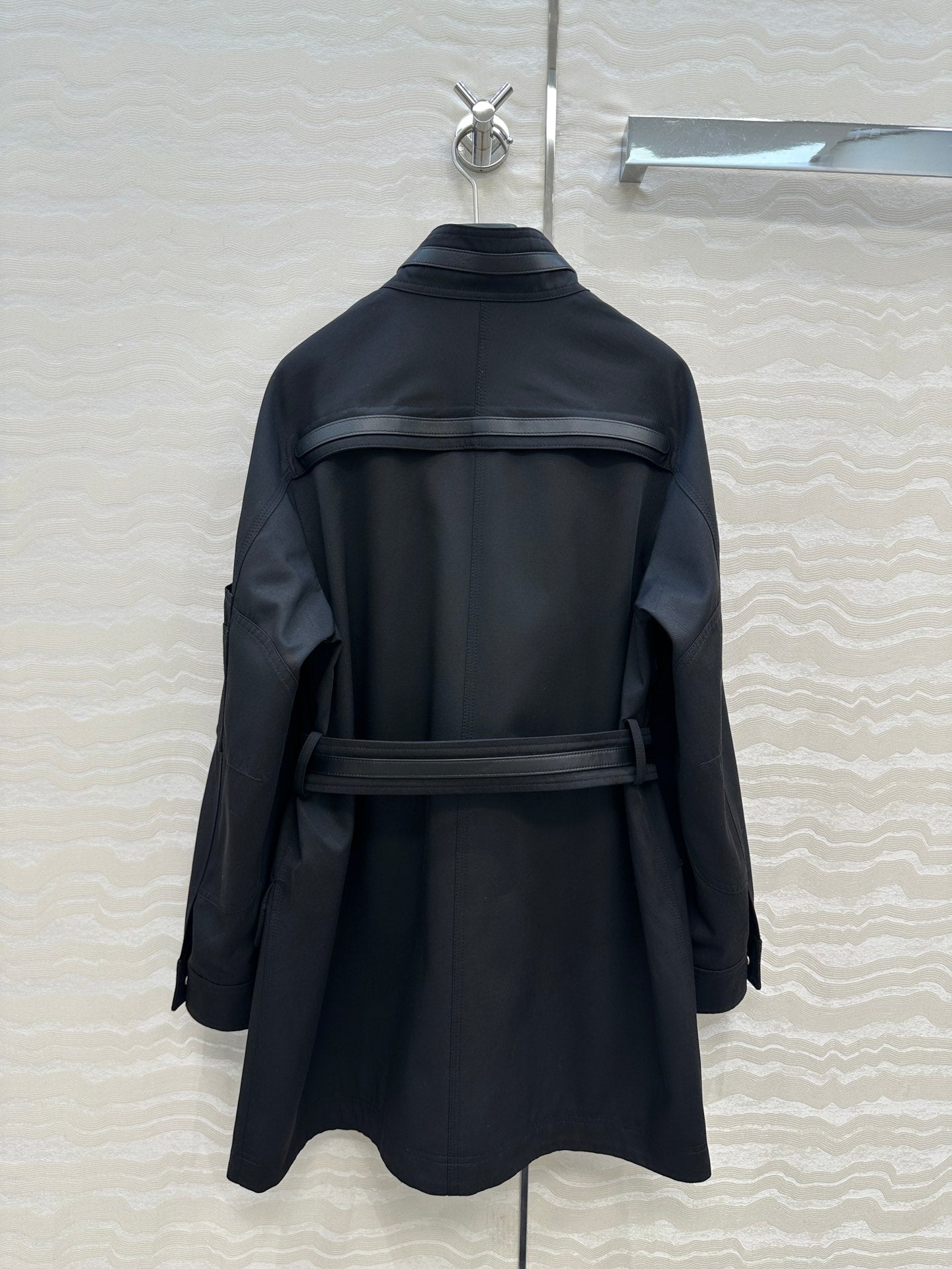 He 25 Leather-trimmed equestrian trench coat(GRAY/BLACK)