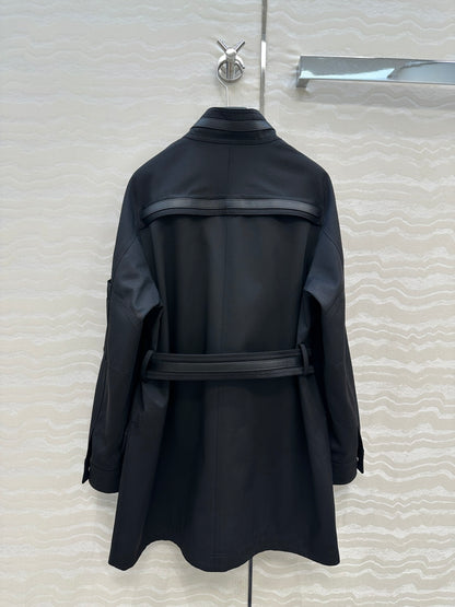He 25 Leather-trimmed equestrian trench coat(GRAY/BLACK)