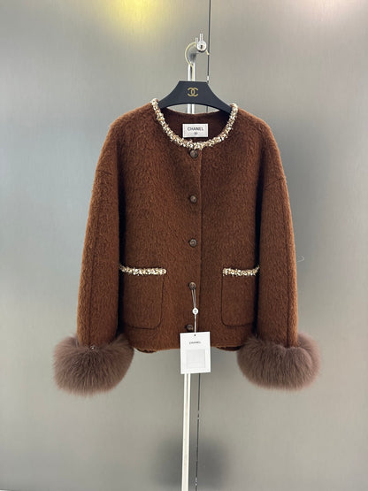 C 25fw Wool Jacket with Imported White Fox Fur Cuffs (Detachable)
