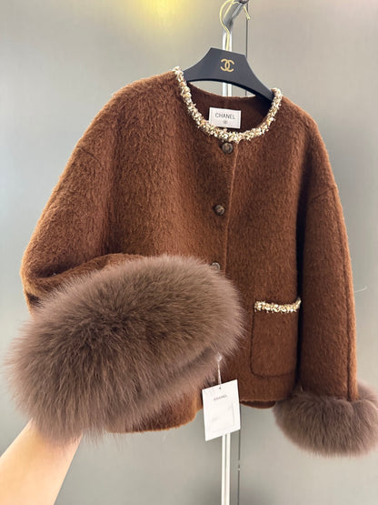 C 25fw Wool Jacket with Imported White Fox Fur Cuffs (Detachable)