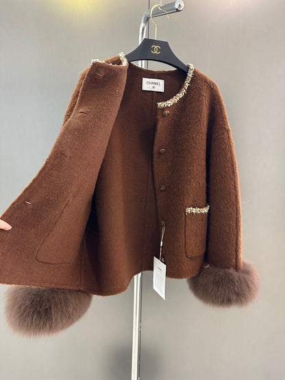 C 25fw Wool Jacket with Imported White Fox Fur Cuffs (Detachable)