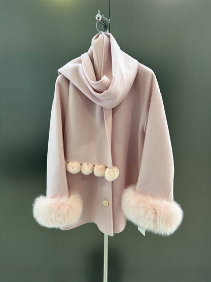 Di 25 New fox fur wool coat with matching scarf(BEIGI/BLACK/PINK)
