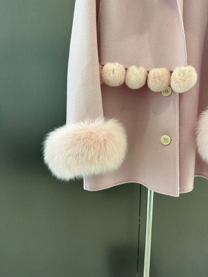 Di 25 New fox fur wool coat with matching scarf(BEIGI/BLACK/PINK)