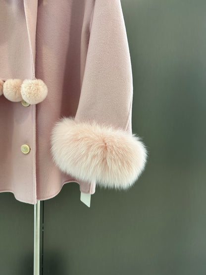 Di 25 New fox fur wool coat with matching scarf(BEIGI/BLACK/PINK)