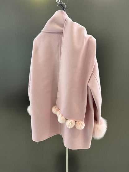 Di 25 New fox fur wool coat with matching scarf(BEIGI/BLACK/PINK)