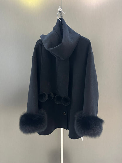 Di 25 New fox fur wool coat with matching scarf(BEIGI/BLACK/PINK)