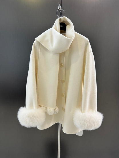 Di 25 New fox fur wool coat with matching scarf(BEIGI/BLACK/PINK)