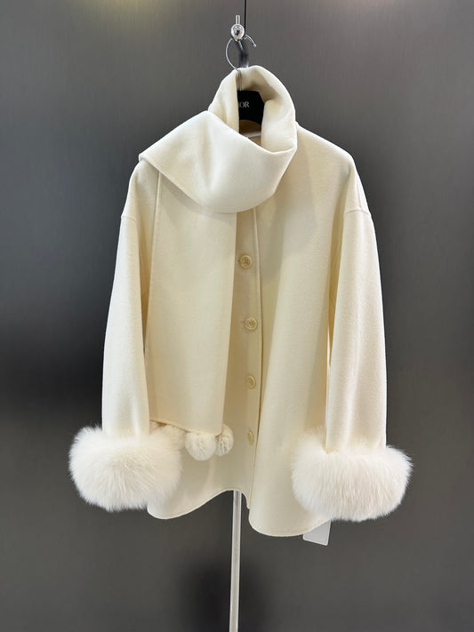 Di 25 New fox fur wool coat with matching scarf(BEIGI/BLACK/PINK)