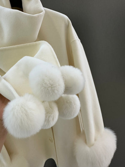 Di 25 New fox fur wool coat with matching scarf(BEIGI/BLACK/PINK)