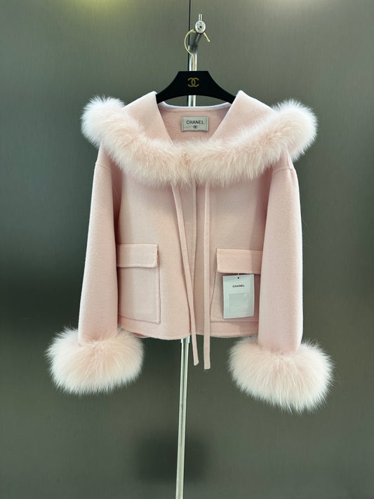 C 25fw New Fox Fur Wool Jacket(WHITE/PINK)