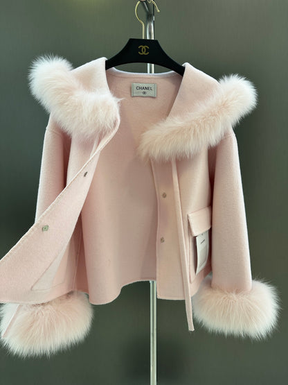 C 25fw New Fox Fur Wool Jacket(WHITE/PINK)