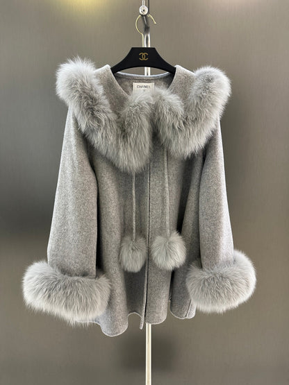 C 25fw New imported white fox fur + Australian superfine wool coat(WHITE/PINK/GRAY)