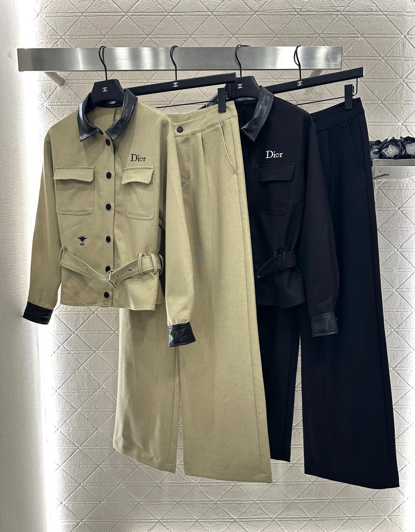 Di 25 Leather collar jacket and trousers suit(KHAKI/BLACK)