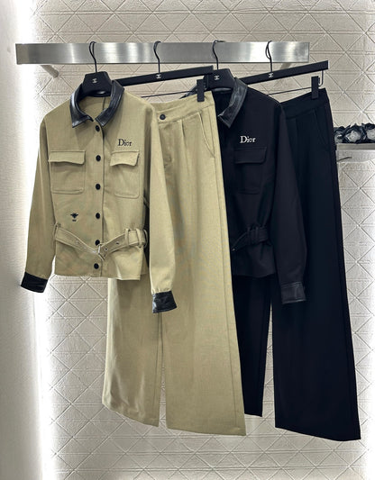 Di 25 Leather collar jacket and trousers suit(KHAKI/BLACK)
