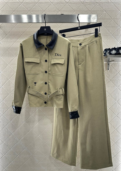 Di 25 Leather collar jacket and trousers suit(KHAKI/BLACK)