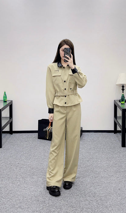 Di 25 Leather collar jacket and trousers suit(KHAKI/BLACK)