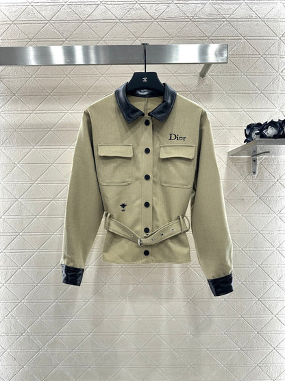 Di 25 Leather collar jacket and trousers suit(KHAKI/BLACK)