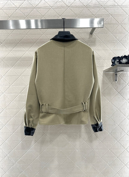 Di 25 Leather collar jacket and trousers suit(KHAKI/BLACK)