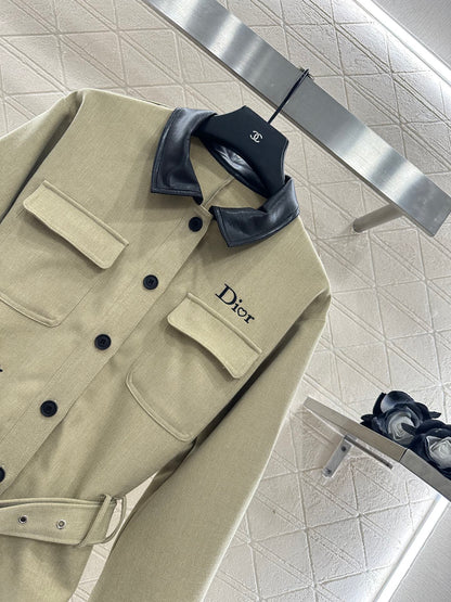 Di 25 Leather collar jacket and trousers suit(KHAKI/BLACK)