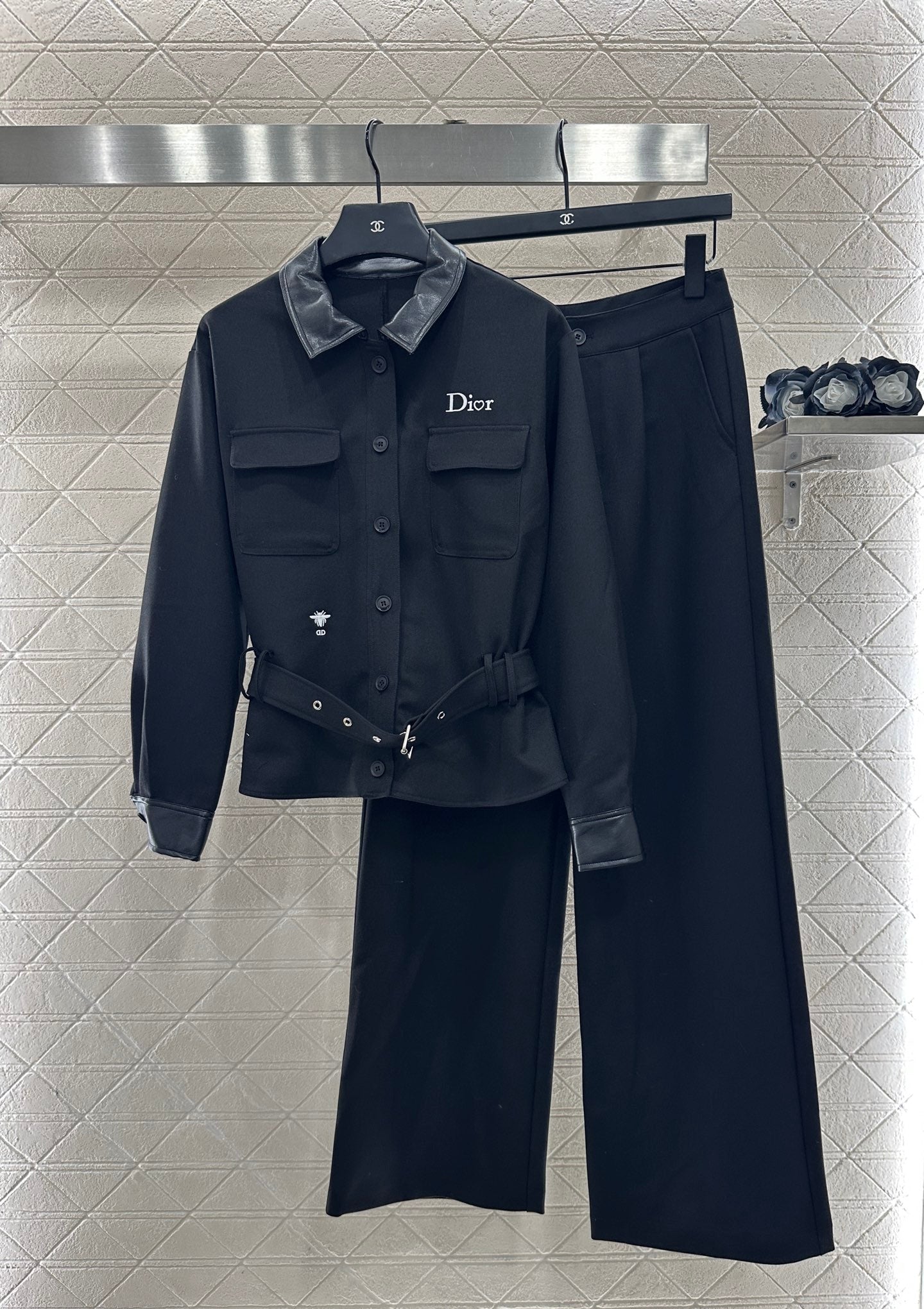 Di 25 Leather collar jacket and trousers suit(KHAKI/BLACK)