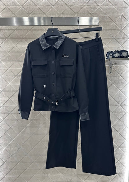 Di 25 Leather collar jacket and trousers suit(KHAKI/BLACK)