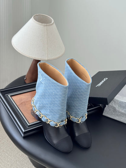 C 25K New chain mid-cut knight boots（BLUE/DARK BLUE）