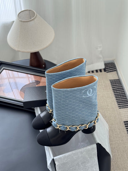 C 25K New chain mid-cut knight boots（BLUE/DARK BLUE）