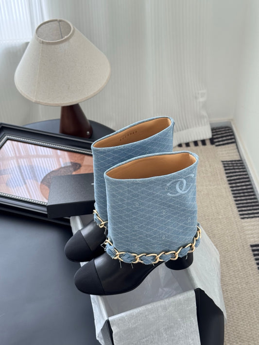 C 25K New chain mid-cut knight boots（BLUE/DARK BLUE）