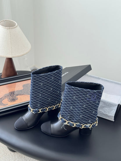 C 25K New chain mid-cut knight boots（BLUE/DARK BLUE）