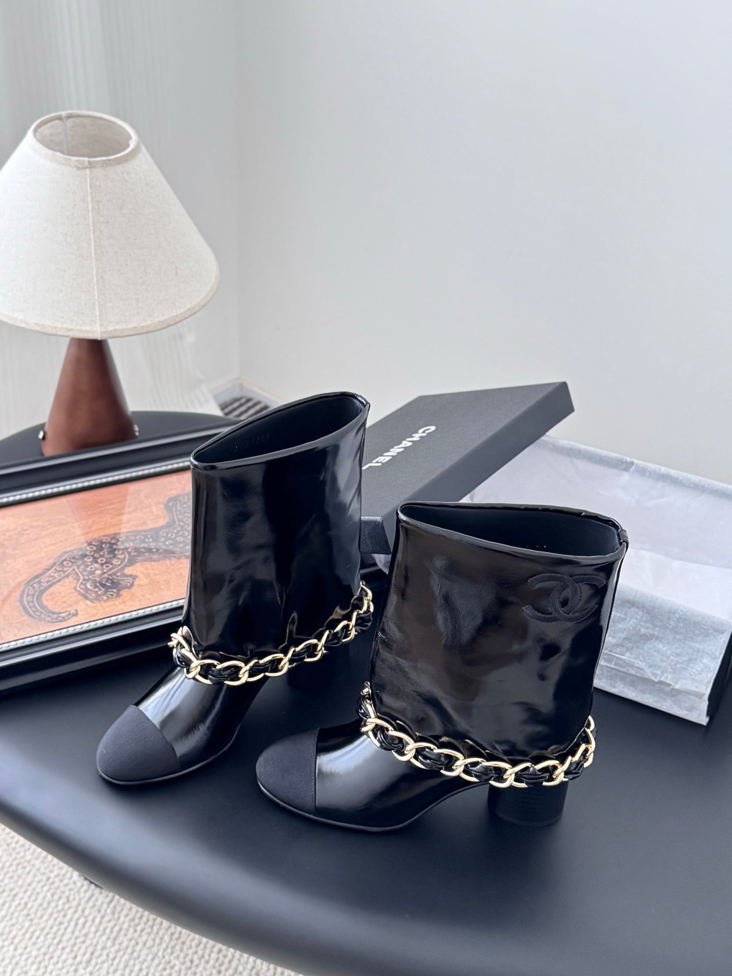 C 25K New chain mid-cut knight boots（Black/Glossy Black）