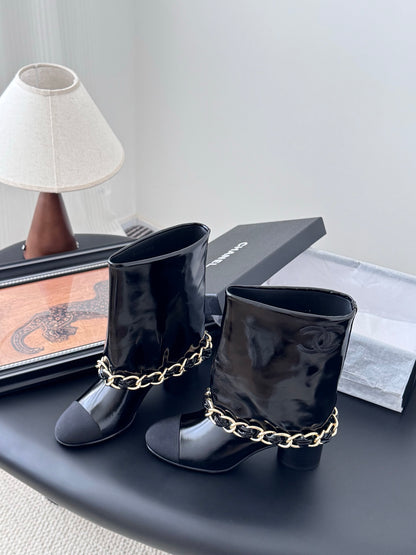 C 25K New chain mid-cut knight boots（Black/Glossy Black）