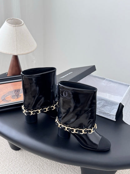 C 25K New chain mid-cut knight boots（Black/Glossy Black）