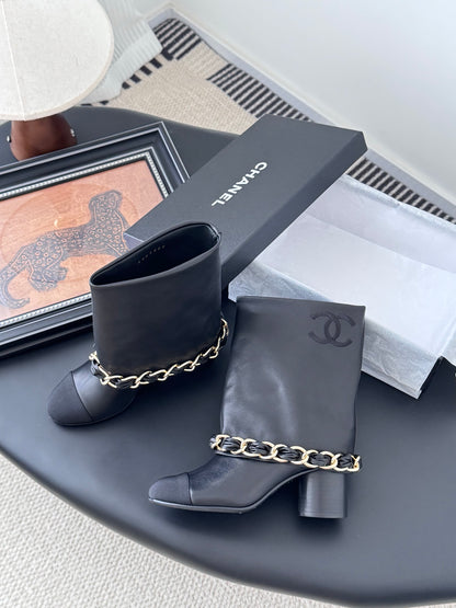 C 25K New chain mid-cut knight boots（Black/Glossy Black）