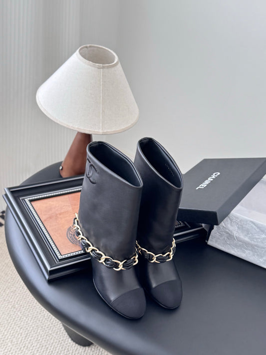 C 25K New chain mid-cut knight boots（Black/Glossy Black）