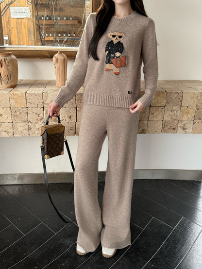 Ral 25 New round neck wool sweater + elastic waist straight pants