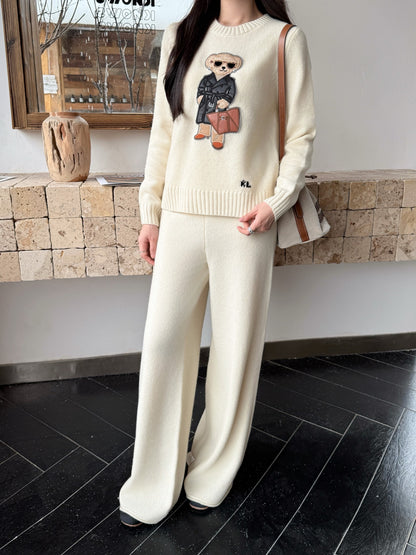 Ral 25 New round neck wool sweater + elastic waist straight pants