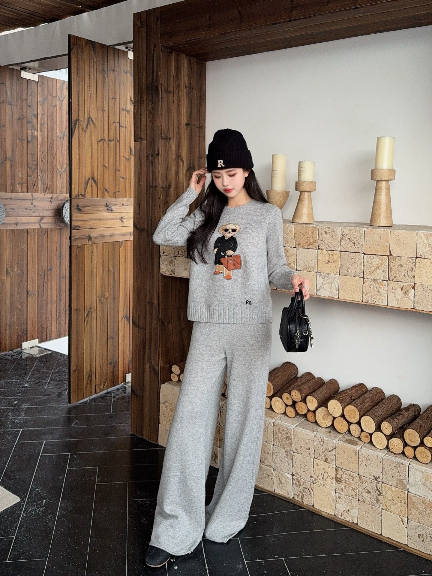 Ral 25 New round neck wool sweater + elastic waist straight pants