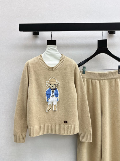 Ral 25 Blue Gentleman Bear Round Neck Wool Sweater + Elastic Waist Straight Pants(navy/beigi/khaki)