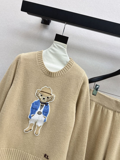 Ral 25 Blue Gentleman Bear Round Neck Wool Sweater + Elastic Waist Straight Pants(navy/beigi/khaki)