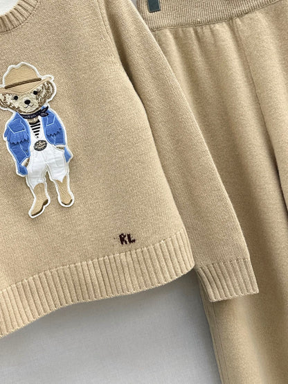 Ral 25 Blue Gentleman Bear Round Neck Wool Sweater + Elastic Waist Straight Pants(navy/beigi/khaki)