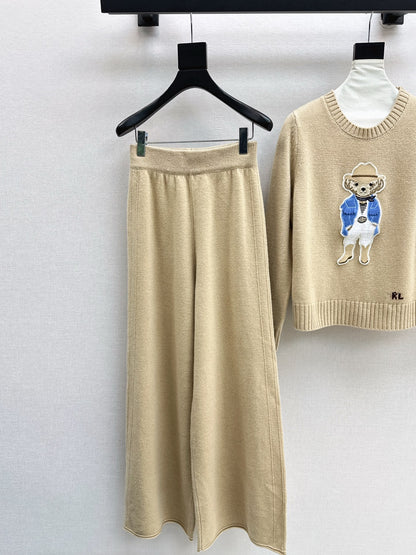 Ral 25 Blue Gentleman Bear Round Neck Wool Sweater + Elastic Waist Straight Pants(navy/beigi/khaki)