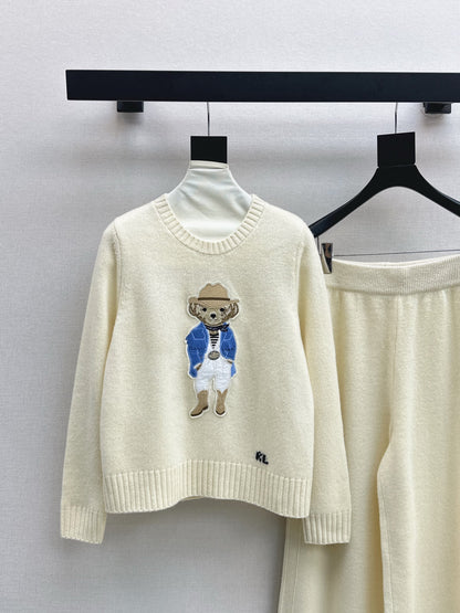 Ral 25 Blue Gentleman Bear Round Neck Wool Sweater + Elastic Waist Straight Pants(navy/beigi/khaki)