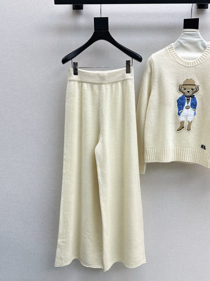 Ral 25 Blue Gentleman Bear Round Neck Wool Sweater + Elastic Waist Straight Pants(navy/beigi/khaki)