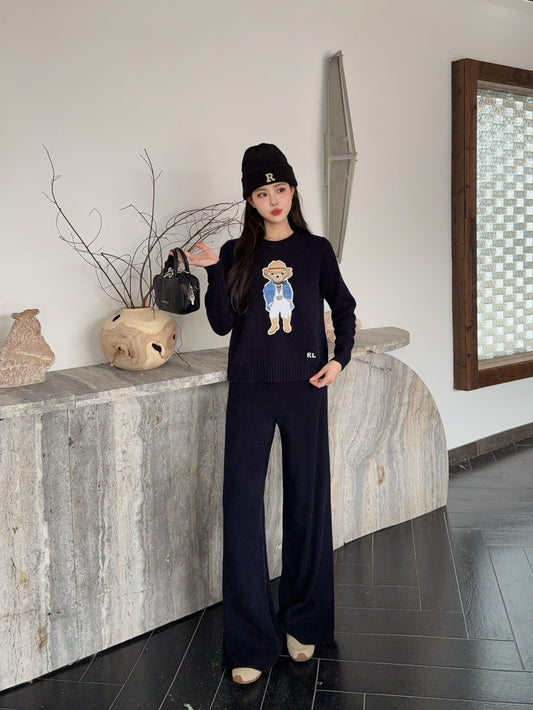 Ral 25 Blue Gentleman Bear Round Neck Wool Sweater + Elastic Waist Straight Pants(navy/beigi/khaki)