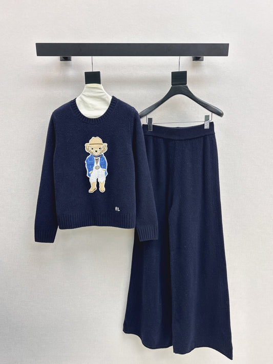 Ral 25 Blue Gentleman Bear Round Neck Wool Sweater + Elastic Waist Straight Pants(navy/beigi/khaki)