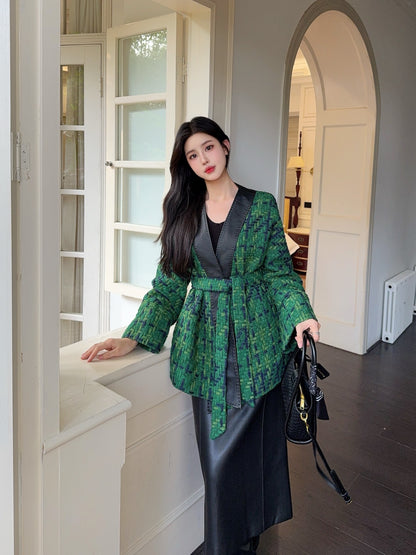 Bot 25 New leather trim woven woolen jacket(RED/GREEN/BLACK)