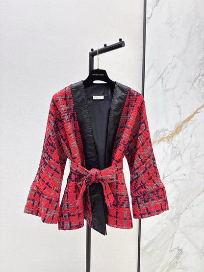 Bot 25 New leather trim woven woolen jacket(RED/GREEN/BLACK)