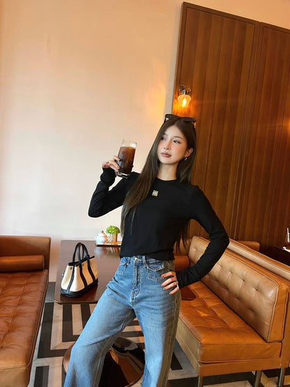 Lo 25 New hardware decoration pure cotton long sleeve bottoming shirt(WHITE/BLACK)