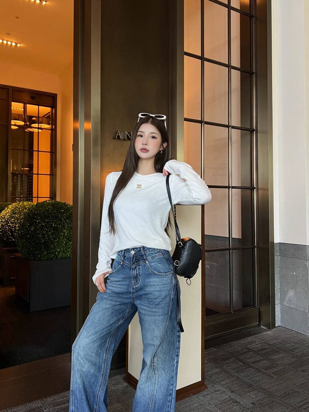 Lo 25 New hardware decoration pure cotton long sleeve bottoming shirt(WHITE/BLACK)