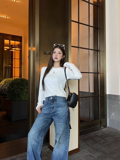 Lo 25 New hardware decoration pure cotton long sleeve bottoming shirt(WHITE/BLACK)